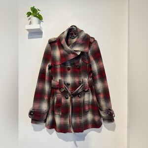 Plaid Double-Breasted Women's Wool Blend Pea Coat